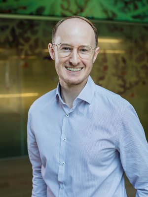 A man in a blue shirt